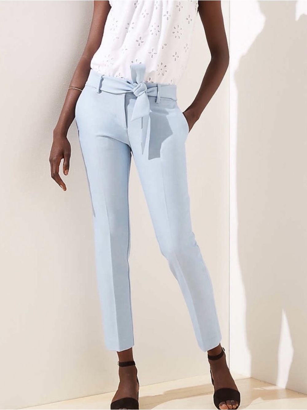 LOFT Light Blue Tie-Waist Cropped Trousers